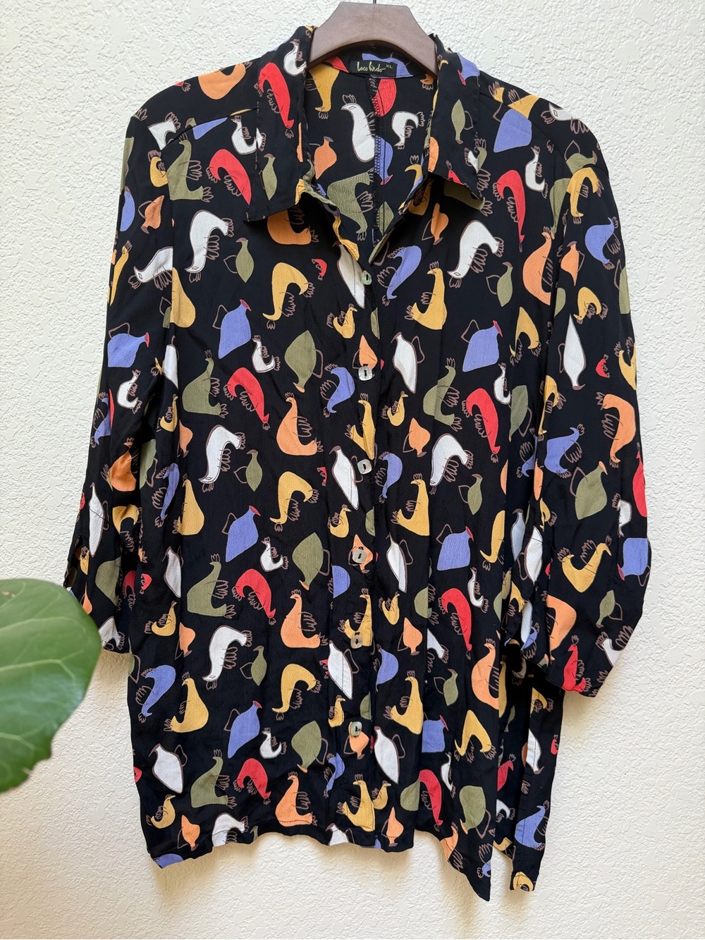 Loco Lindo Bird Print Blouse XL Slit Back Sides Artsy Button Up